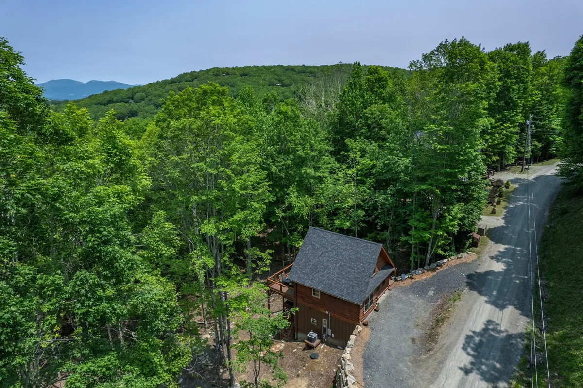 A peaceful cabin setting with a gravel road leading past the structure and trees framing the scene. The view suggests access to nature trails and proximity to local attractions, tying the property to the wider adventure awaiting nearby.